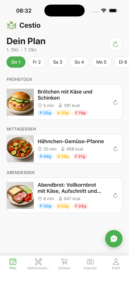 Wochenplan in Cestio mit Frühstück, Mittag- und Abendessen, Kochzeit und Kalorien