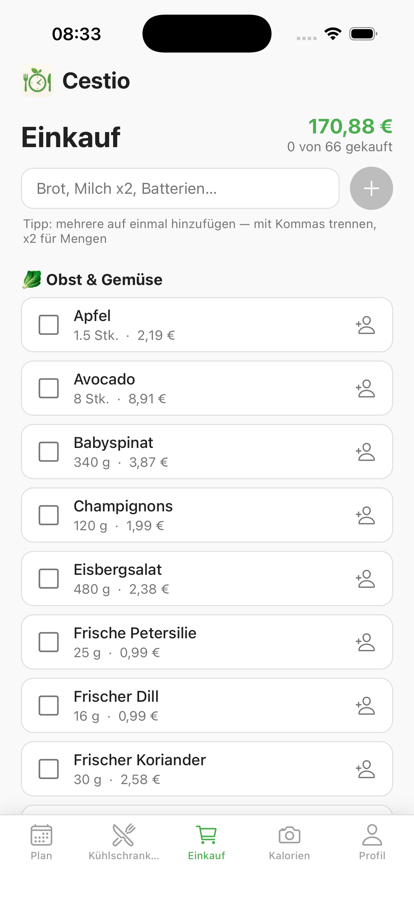 Einkaufsliste in Cestio nach Supermarkt-Gängen sortiert, mit geschätzter Summe