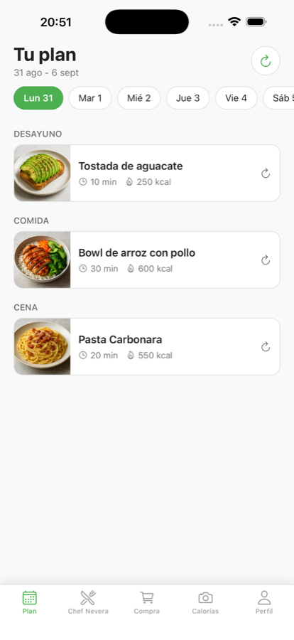 Plan semanal de Cestio con desayuno, comida y cena, tiempo de cocina y calorías