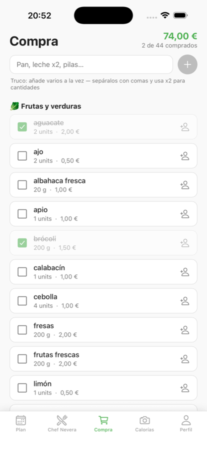 Lista de la compra de Cestio ordenada por pasillos con el total estimado