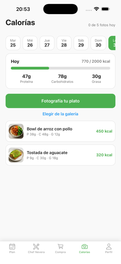 Calorías con una foto en Cestio mostrando calorías y macros de un plato