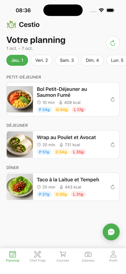Planning de la semaine dans Cestio avec petit-déjeuner, déjeuner et dîner, temps de cuisine et calories