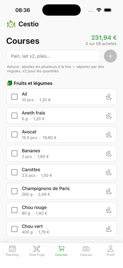Liste de courses Cestio triée par rayon avec un total estimé