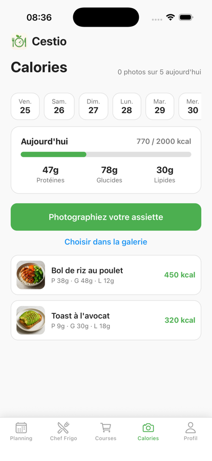 Calories en photo dans Cestio avec les calories et macros d'un plat