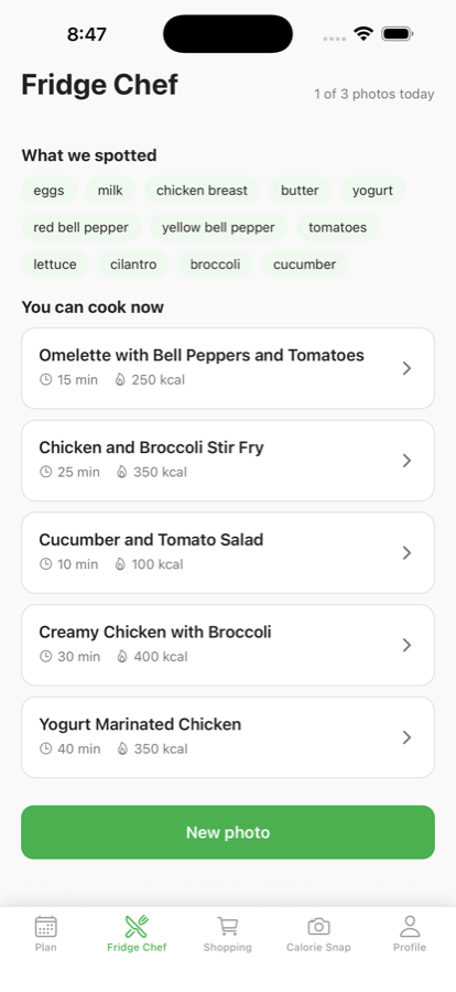 Fridge Chef results in Cestio suggesting recipes from a photo of the fridge