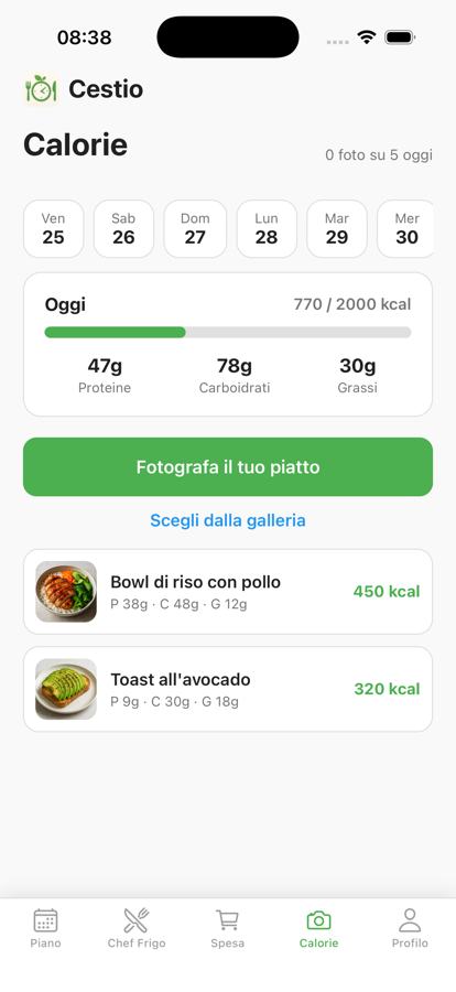 Calorie con una foto in Cestio con calorie e macro di un piatto