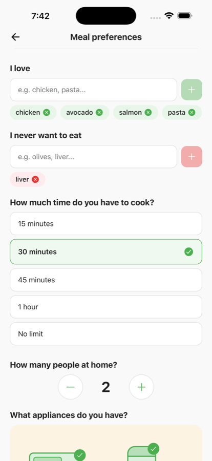 Cestio's set-up screen for choosing foods you love and foods you never want to eat