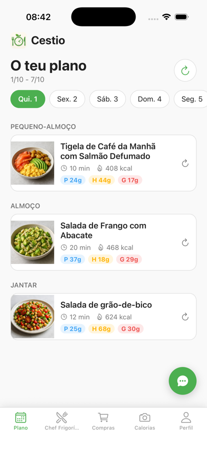 Plano semanal do Cestio com pequeno-almoço, almoço e jantar, tempo de preparação e calorias
