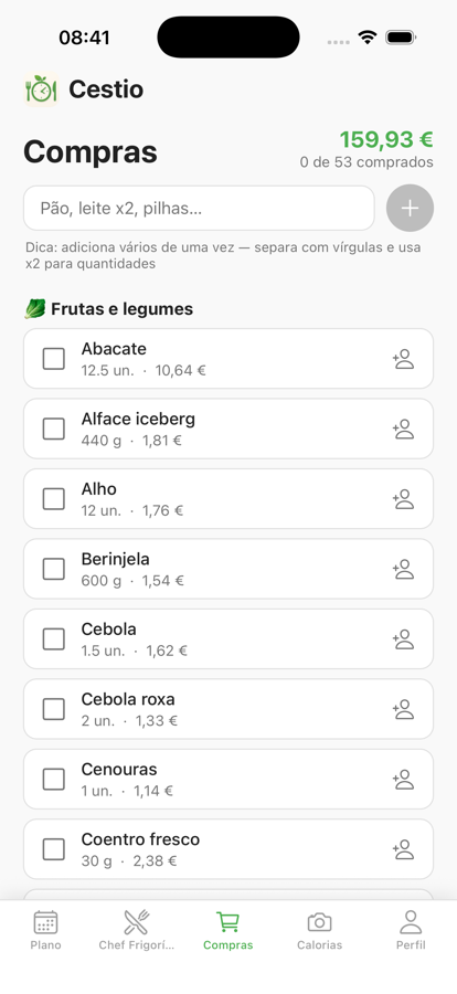 Lista de compras do Cestio organizada por corredor com o total estimado