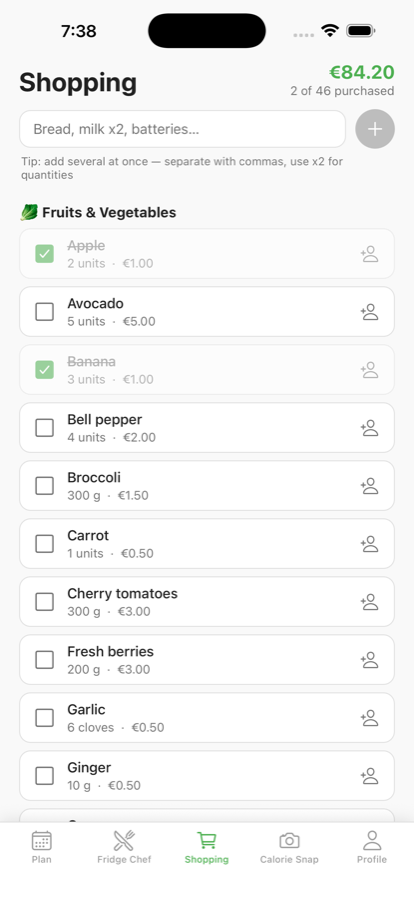 Cestio shopping list grouped by supermarket aisle with an estimated total